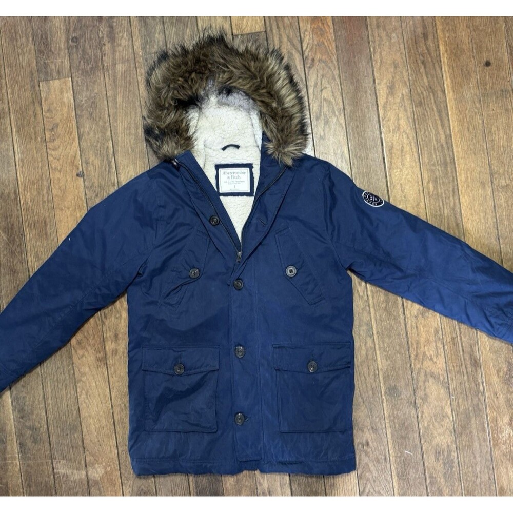 Abercrombie & Fitch Y2K Navy Parka Sherpa Lined Faux Fur Hood Jacket Mens S